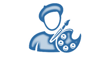 A general icon, an illustration of a painter or artist with a hat, brush and palette of colours.